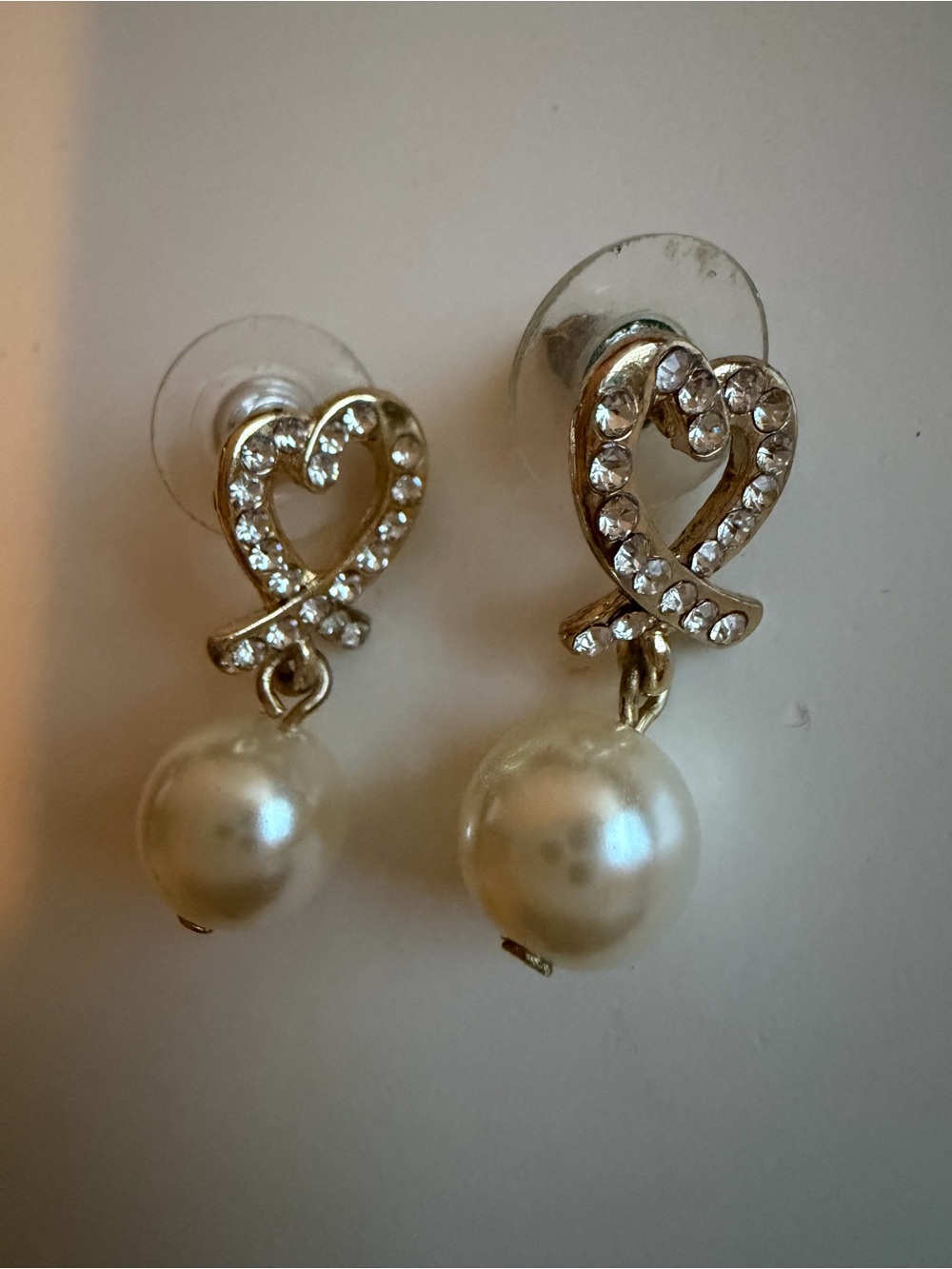Gold-Tone Heart Crystal Pearl Drop Earrings - White Pearl